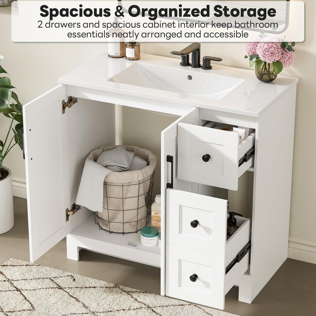 36" White Bathroom Vanity with Sink, 2 Soft-Close Drawers & Doors W307
