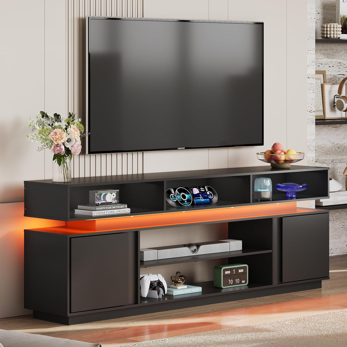 Black 2 Tier TV Stand with RGB LED Lights and Storage Cabinets E7791