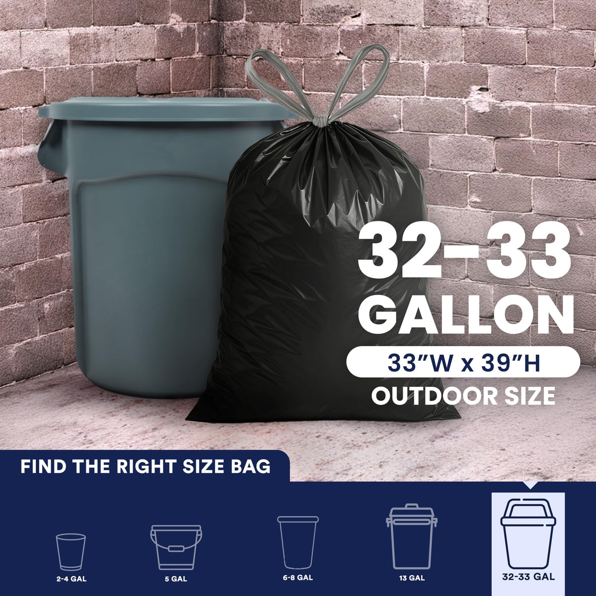 32-33 Gallon 1.2 Mil Black Drawstring Trash Bags, 100 Count L47204