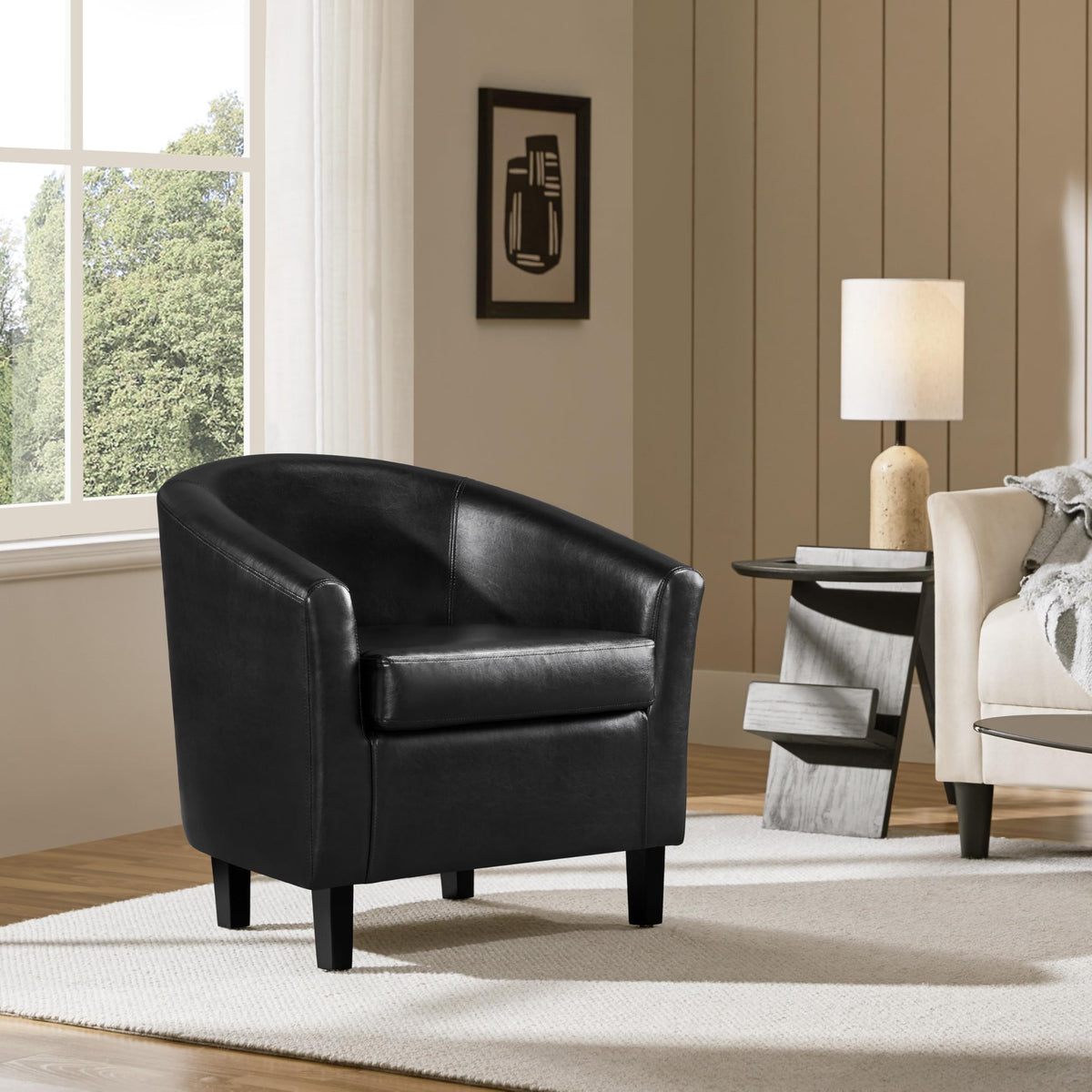 Black Faux Leather Barrel Accent Chairs Y231
