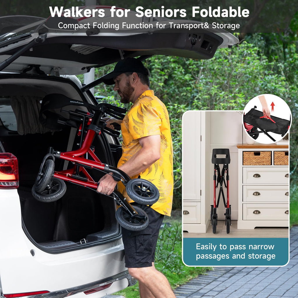Red Foldable Rollator Walker with Seat, 8" Rubber Wheels and Backrest L571207