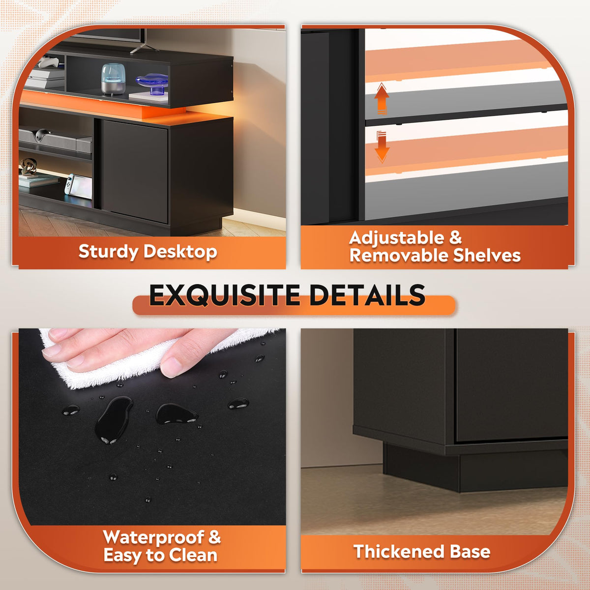 Black 2 Tier TV Stand with RGB LED Lights and Storage Cabinets E7791