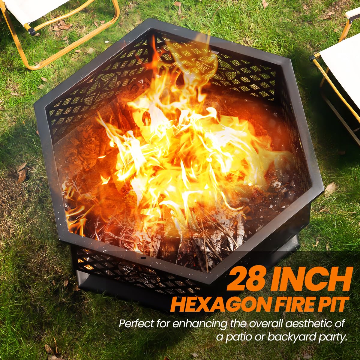 28 Inch Hexagonal Fire Pit with Spark Screen & Fire Poker Black X586