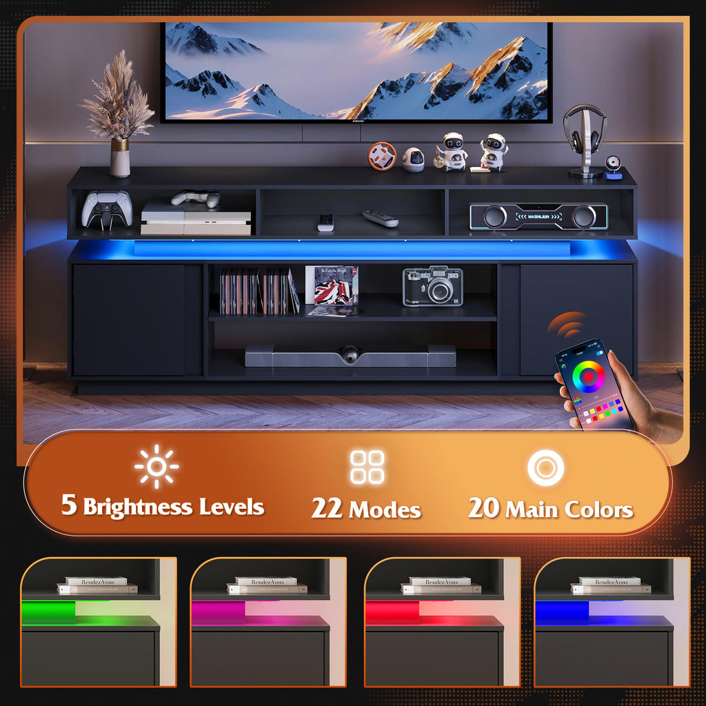 Black 2 Tier TV Stand with RGB LED Lights and Storage Cabinets E7791