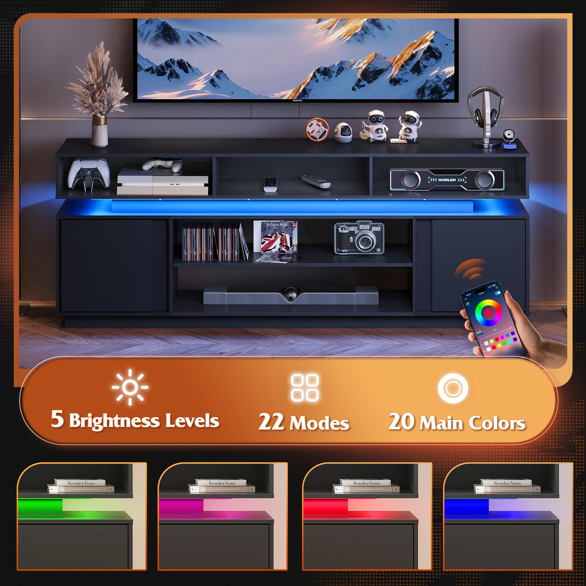 Black 2 Tier TV Stand with RGB LED Lights and Storage Cabinets E7791