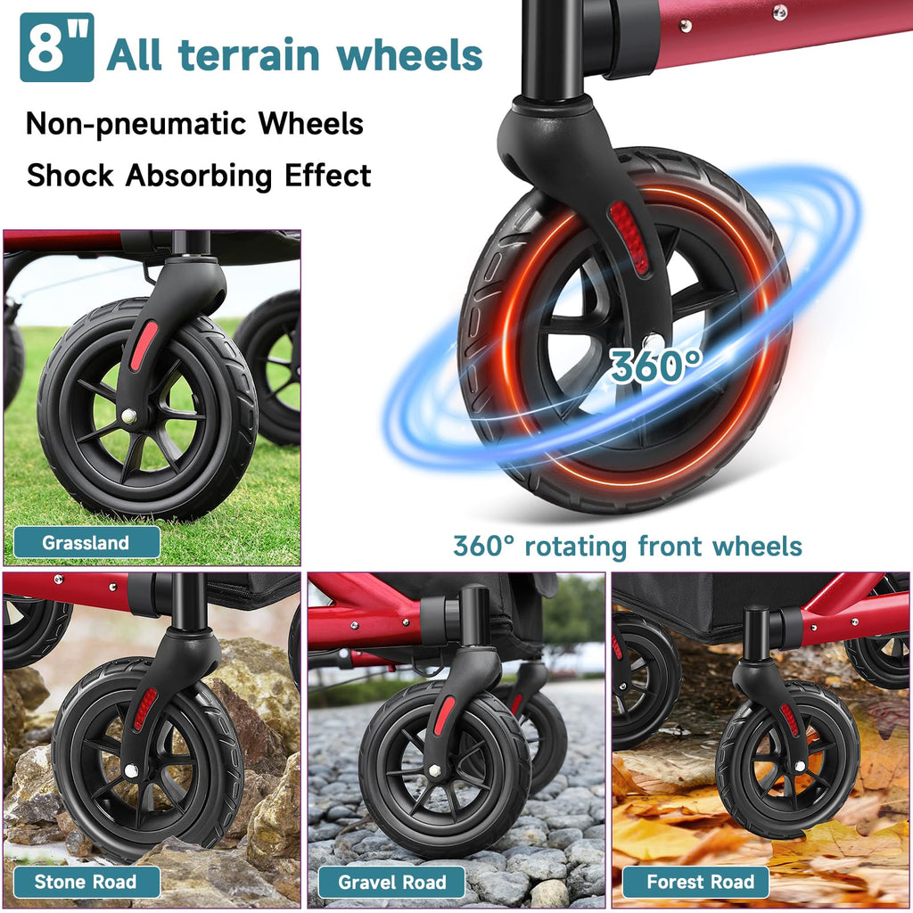 Red Foldable Rollator Walker with Seat, 8" Rubber Wheels and Backrest L571207