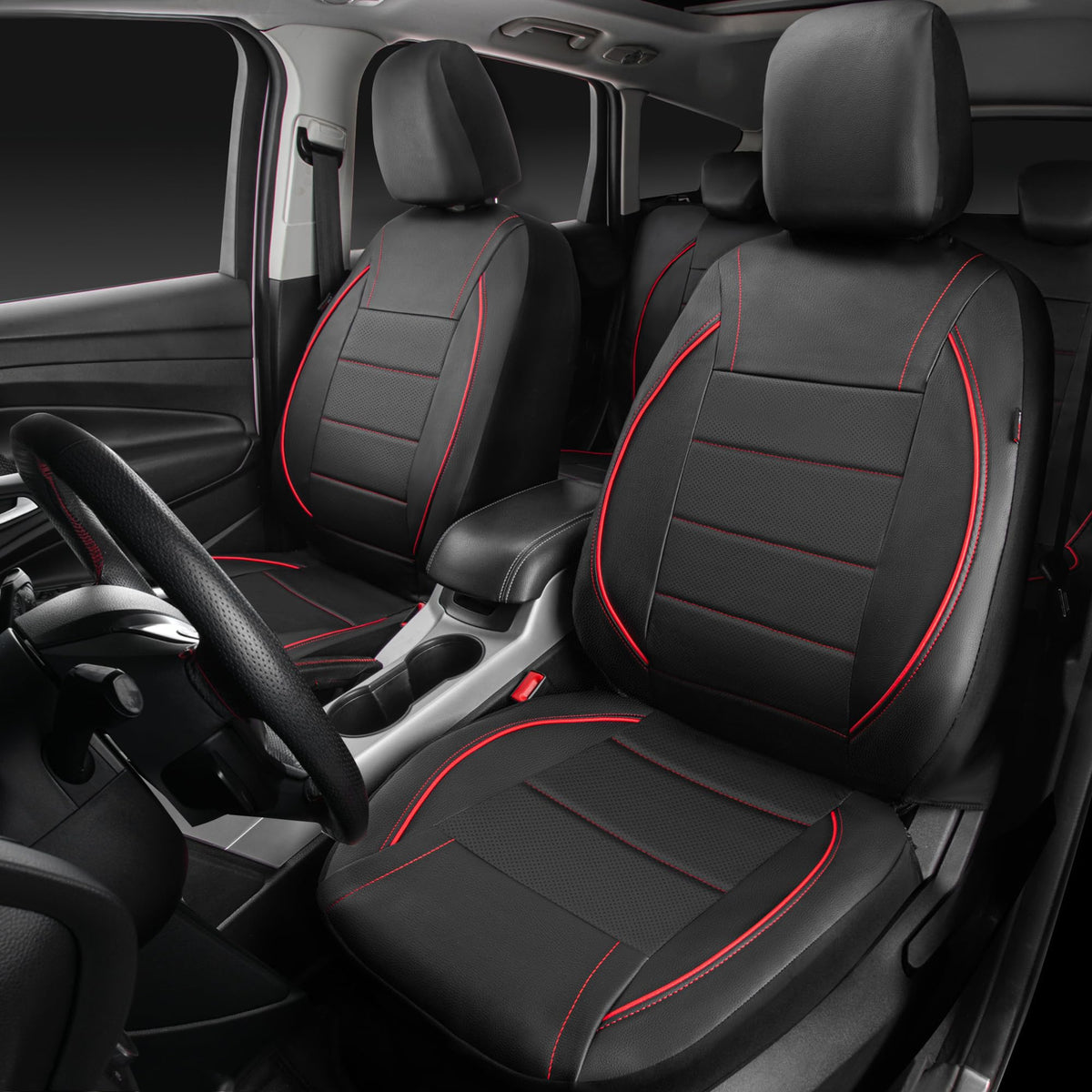 Black Red Faux Leather Front Seat Covers U712
