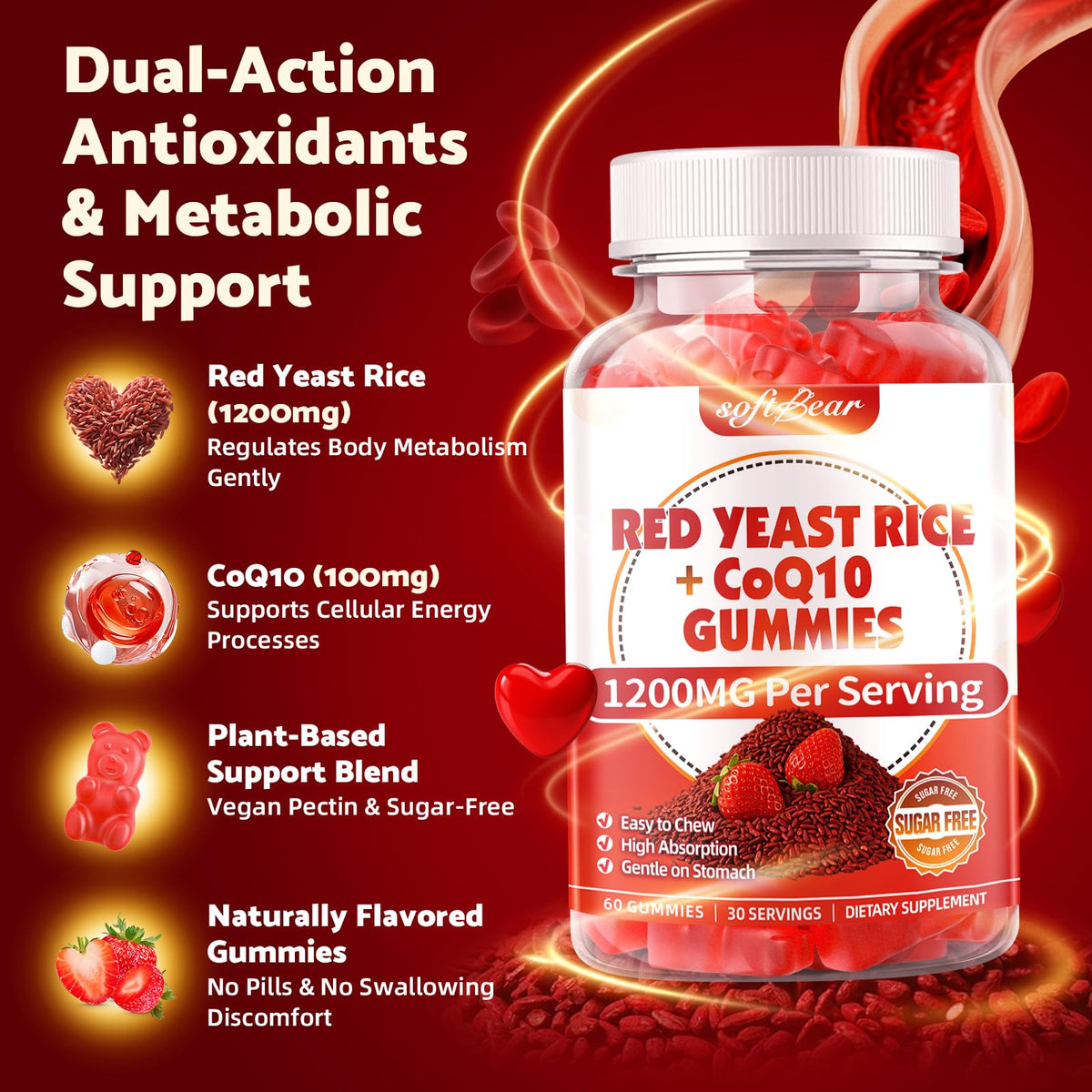 Sugar Free Red Yeast Rice with CoQ10 1200mg Strawberry Flavor 120 Count T29456