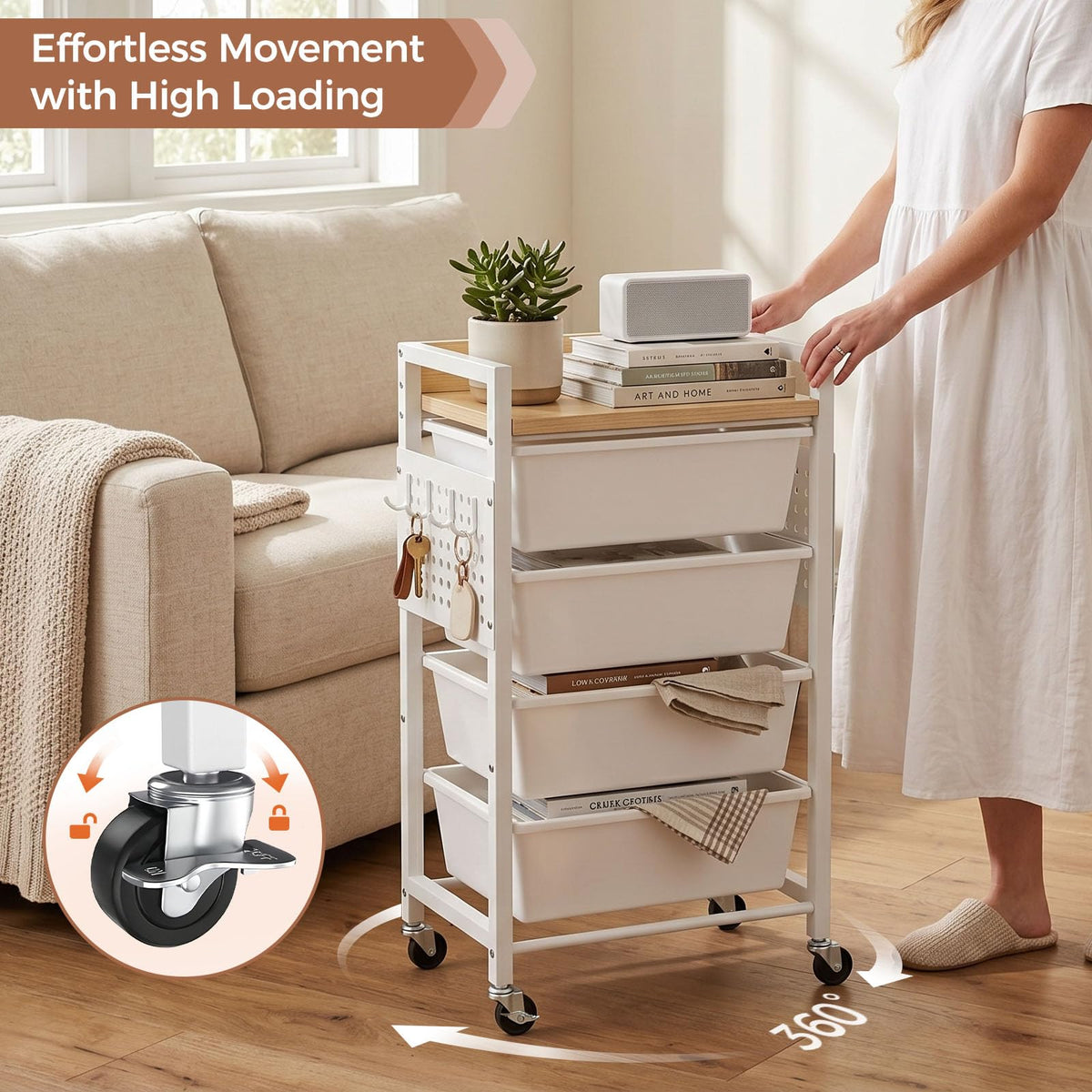 5 Tier Rolling Cart with Drawers, White I617