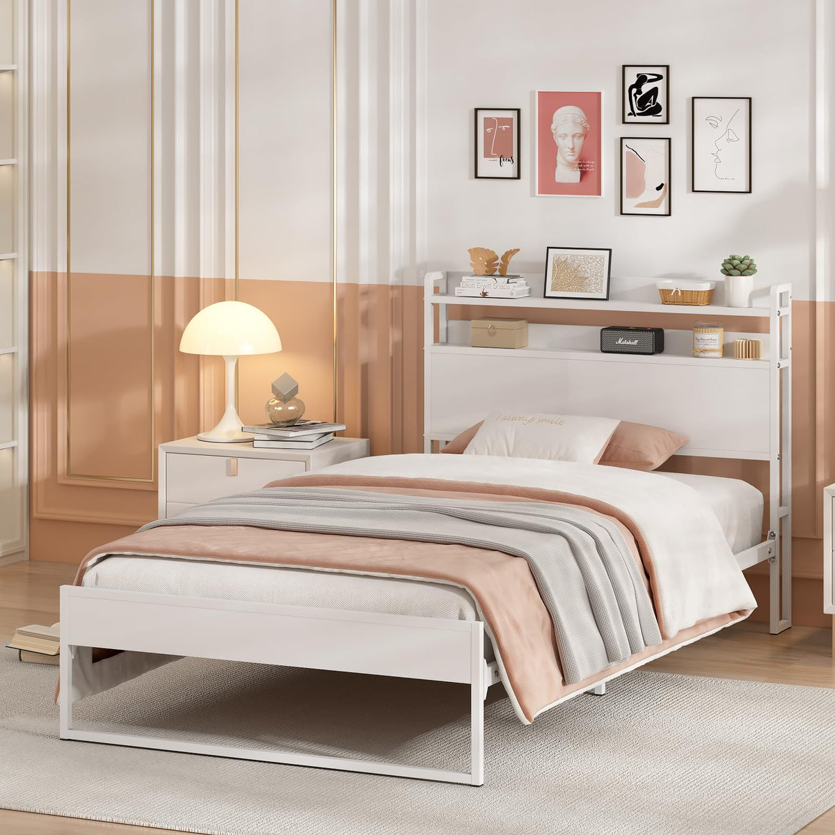 White Metal Twin Bed Frame with 2-Tier Storage Headboard A275900