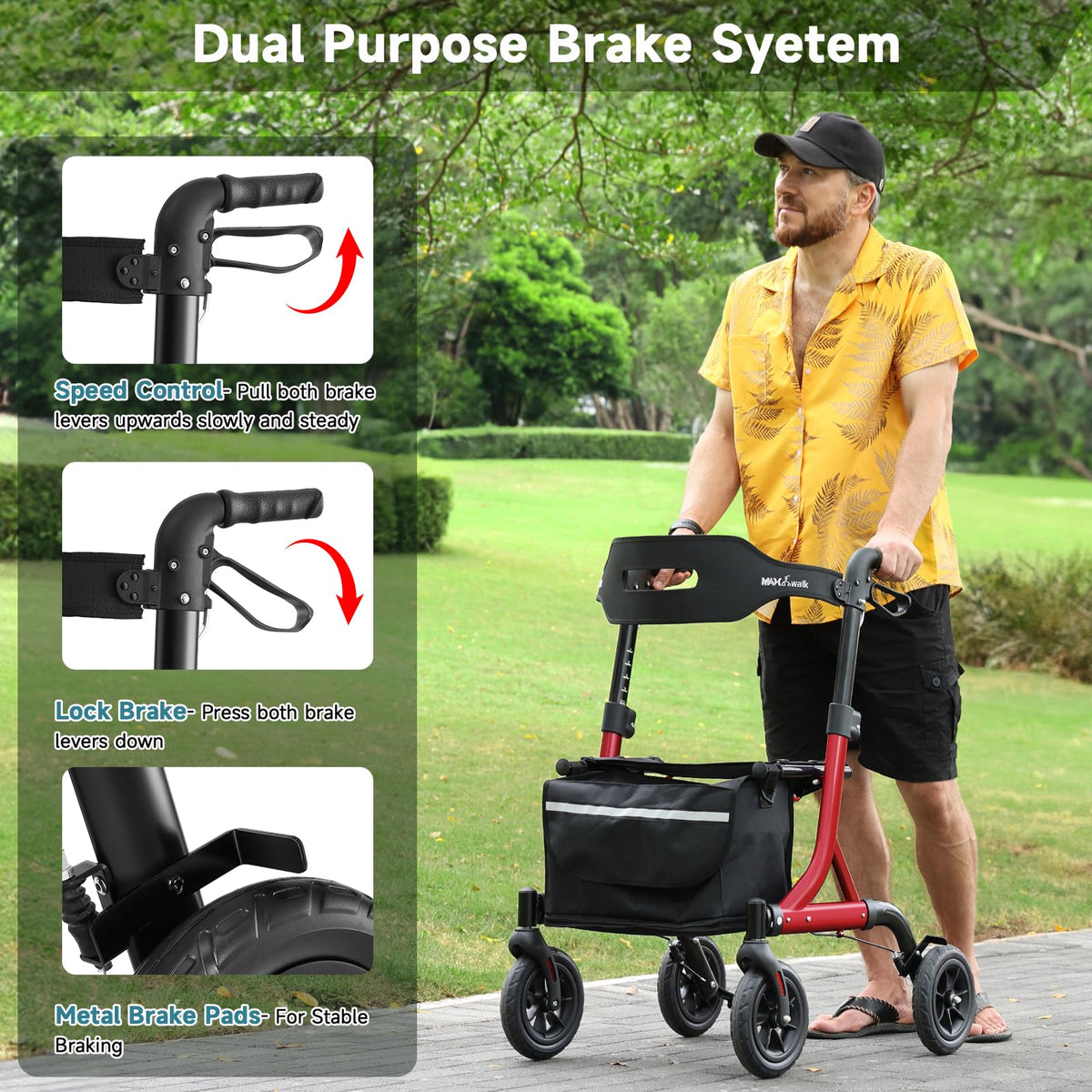 Red Foldable Rollator Walker with Seat, 8" Rubber Wheels and Backrest L571207