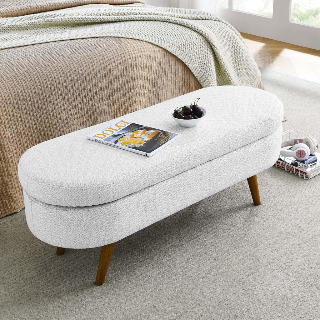 White Oval Storage Ottoman Bench with Rubber Wood Legs M1154