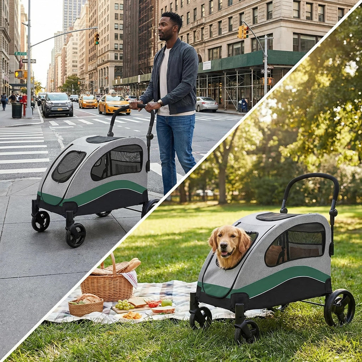 Extra Large Foldable Dog Stroller with Wheels and Brakes C694