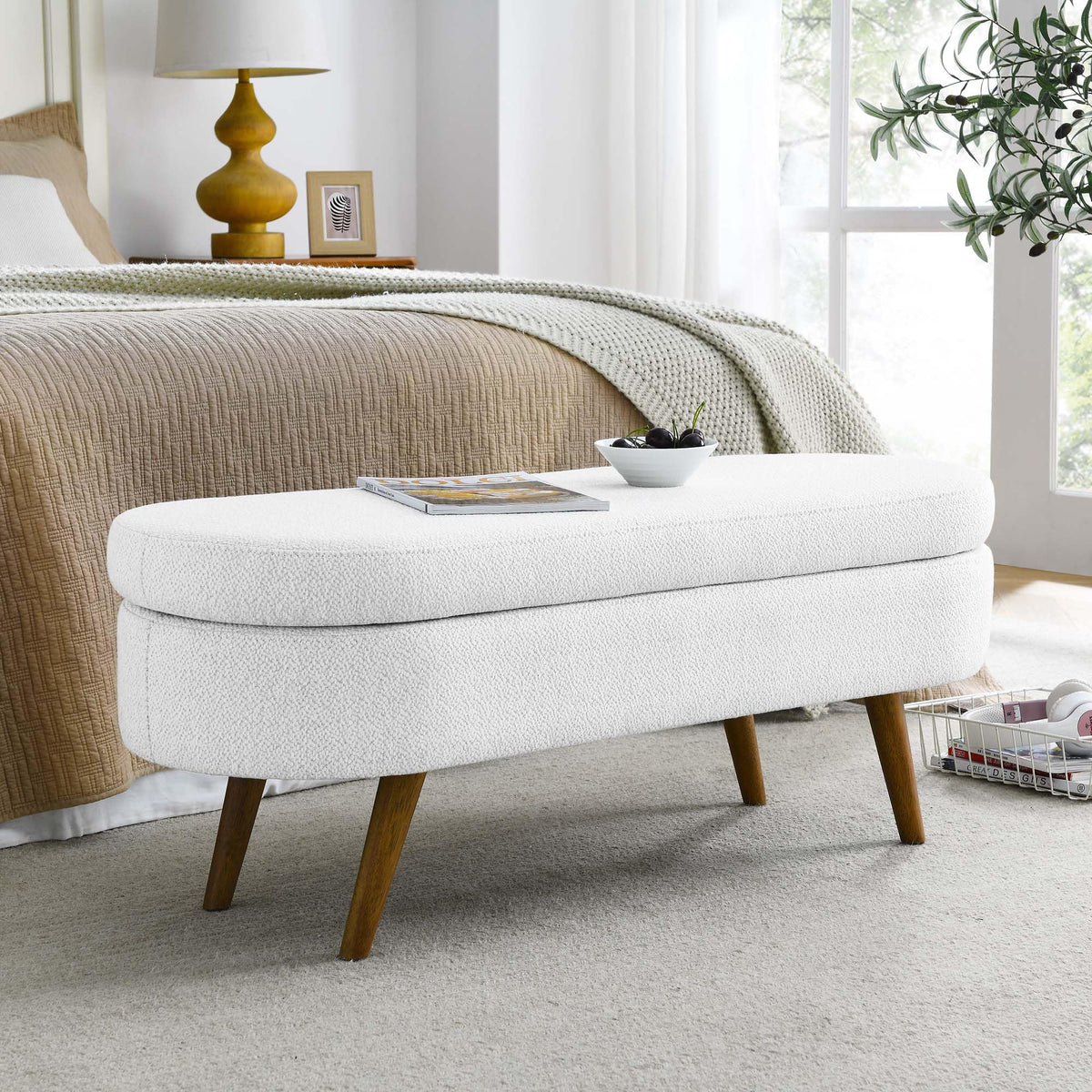 White Oval Storage Ottoman Bench with Rubber Wood Legs M1154