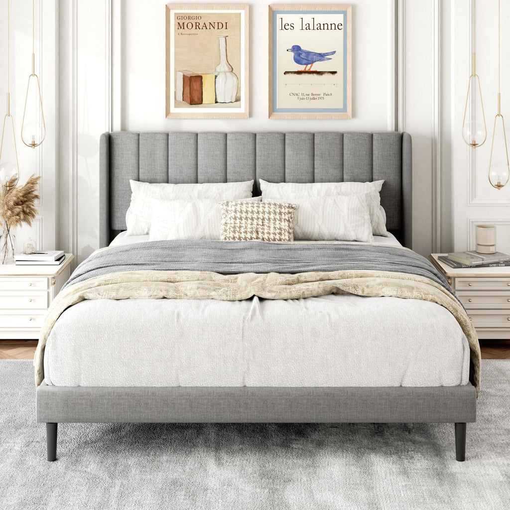 Queen Size Upholstered Platform Bed Frame with Wingback Headboard H485