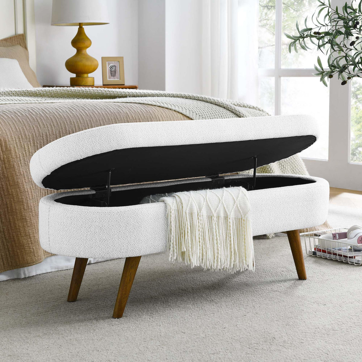 White Oval Storage Ottoman Bench with Rubber Wood Legs M1154